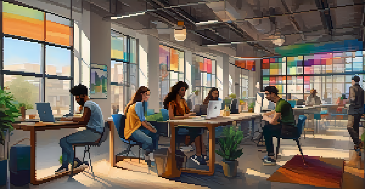 A diverse group of gig workers collaborating in a modern workspace, showcasing creativity and networking among freelancers.
