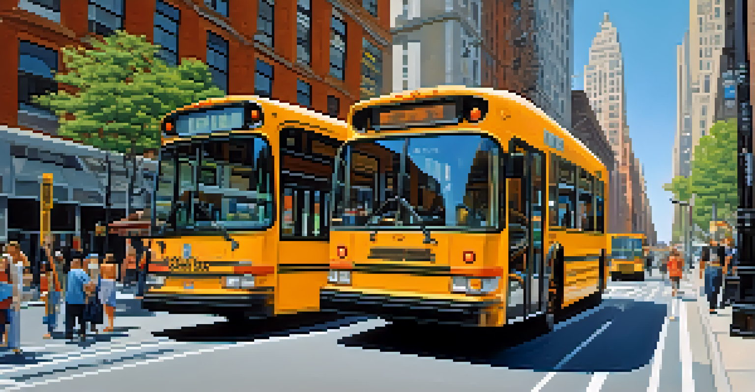 An electric bus driving through a busy urban street in New York City, with pedestrians and modern buildings in the background.
