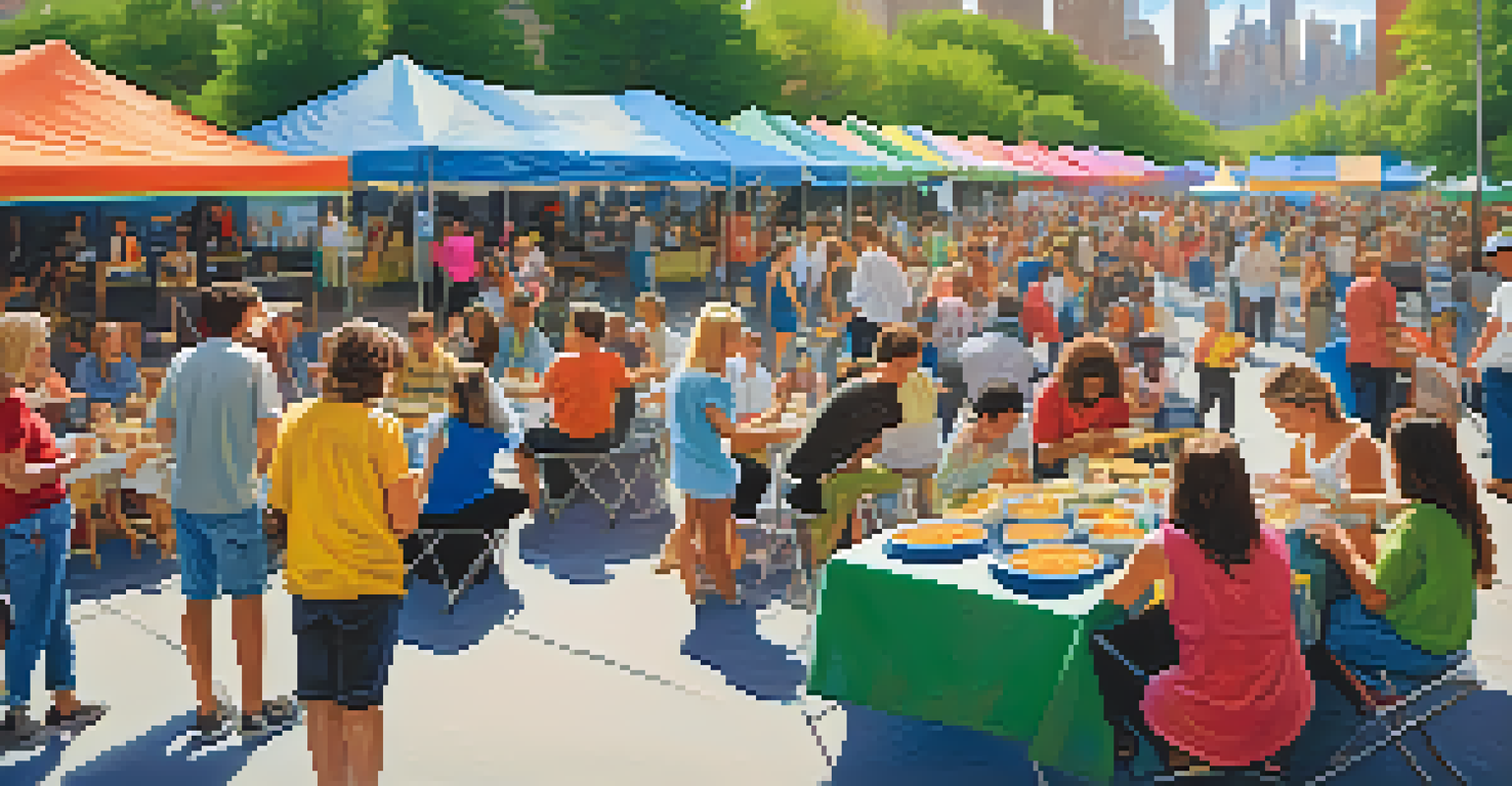 An outdoor library cultural festival with local artists, colorful tents, and people enjoying food and music against the NYC skyline.