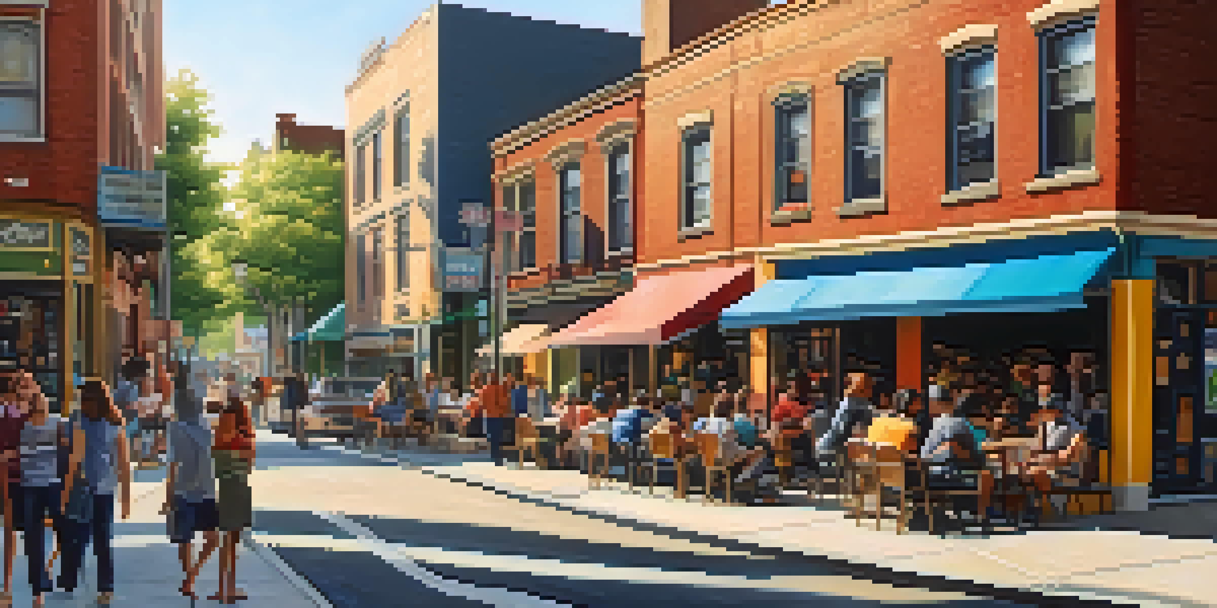 A bustling urban street scene showing a blend of old and new buildings, with a vibrant mural and a modern café. People of diverse backgrounds are interacting in the warm sunlight.