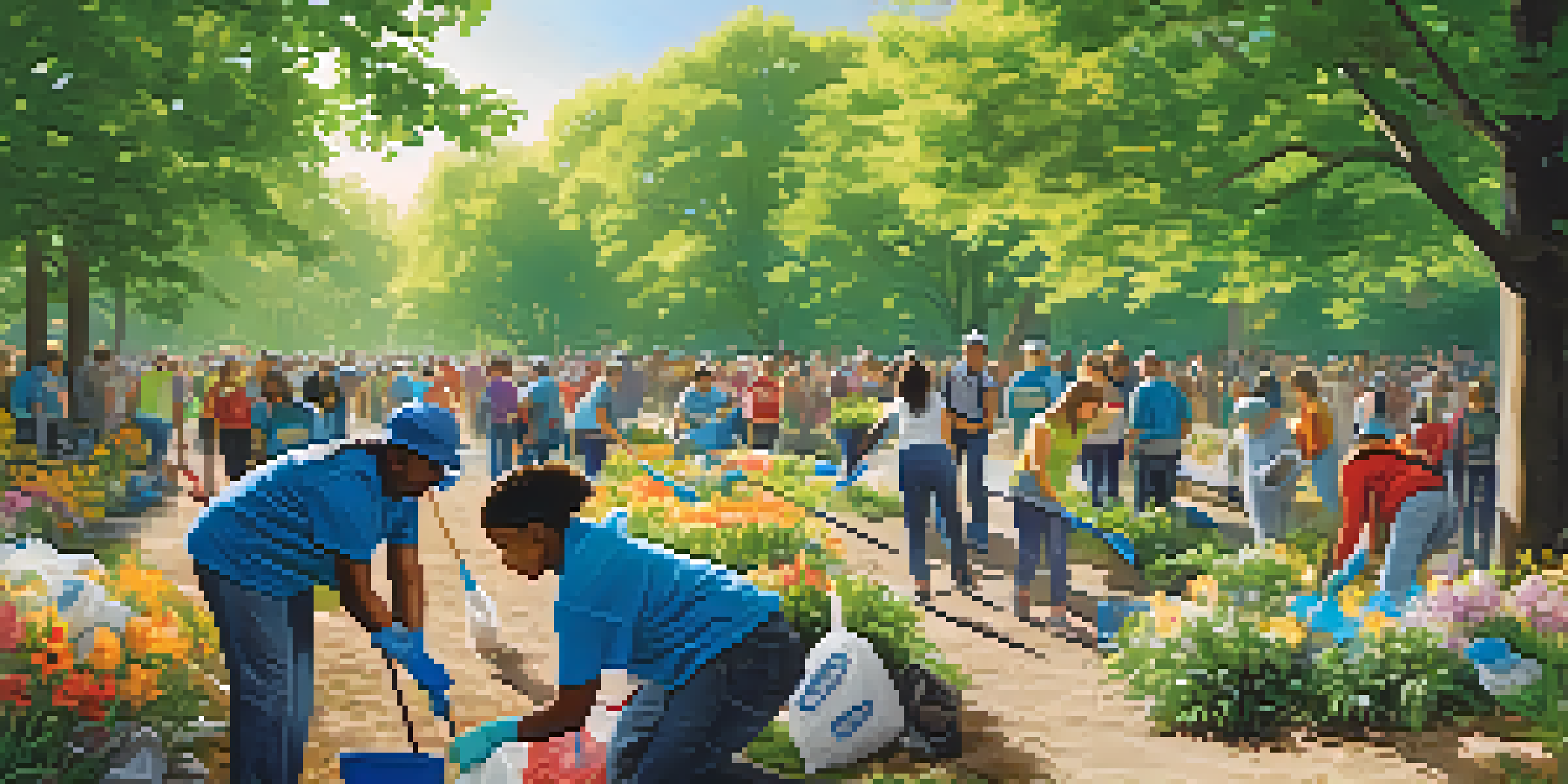 A diverse group of volunteers participating in a community clean-up in a park, collecting litter and planting flowers under a sunny sky.