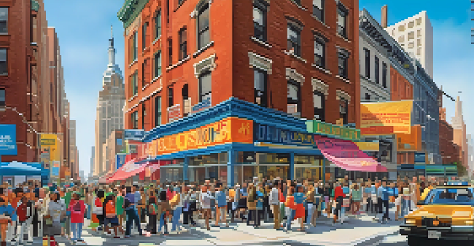 A vibrant scene of diverse New Yorkers participating in health initiatives with city buildings in the background.