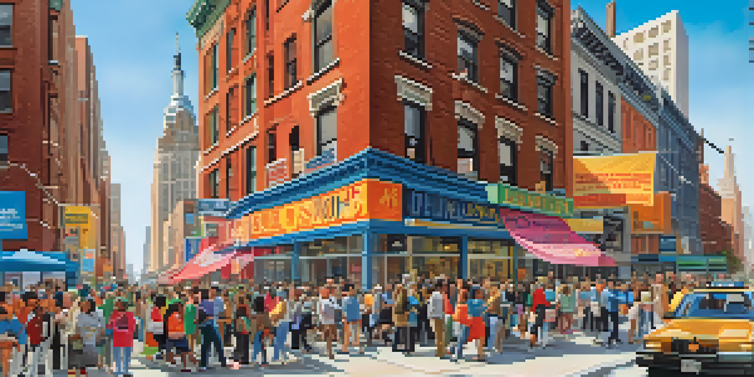 A vibrant scene of diverse New Yorkers participating in health initiatives with city buildings in the background.