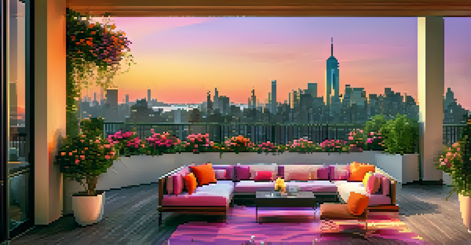 A luxurious rooftop terrace of a condo overlooking the NYC skyline at sunset, featuring stylish furniture and vibrant flowers.