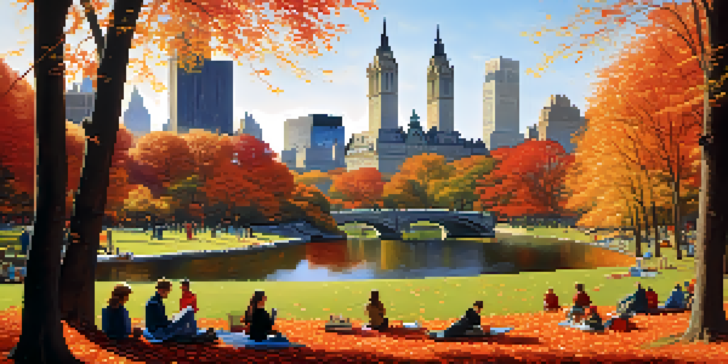 A picturesque autumn scene in Central Park with colorful trees and people picnicking on the Great Lawn.