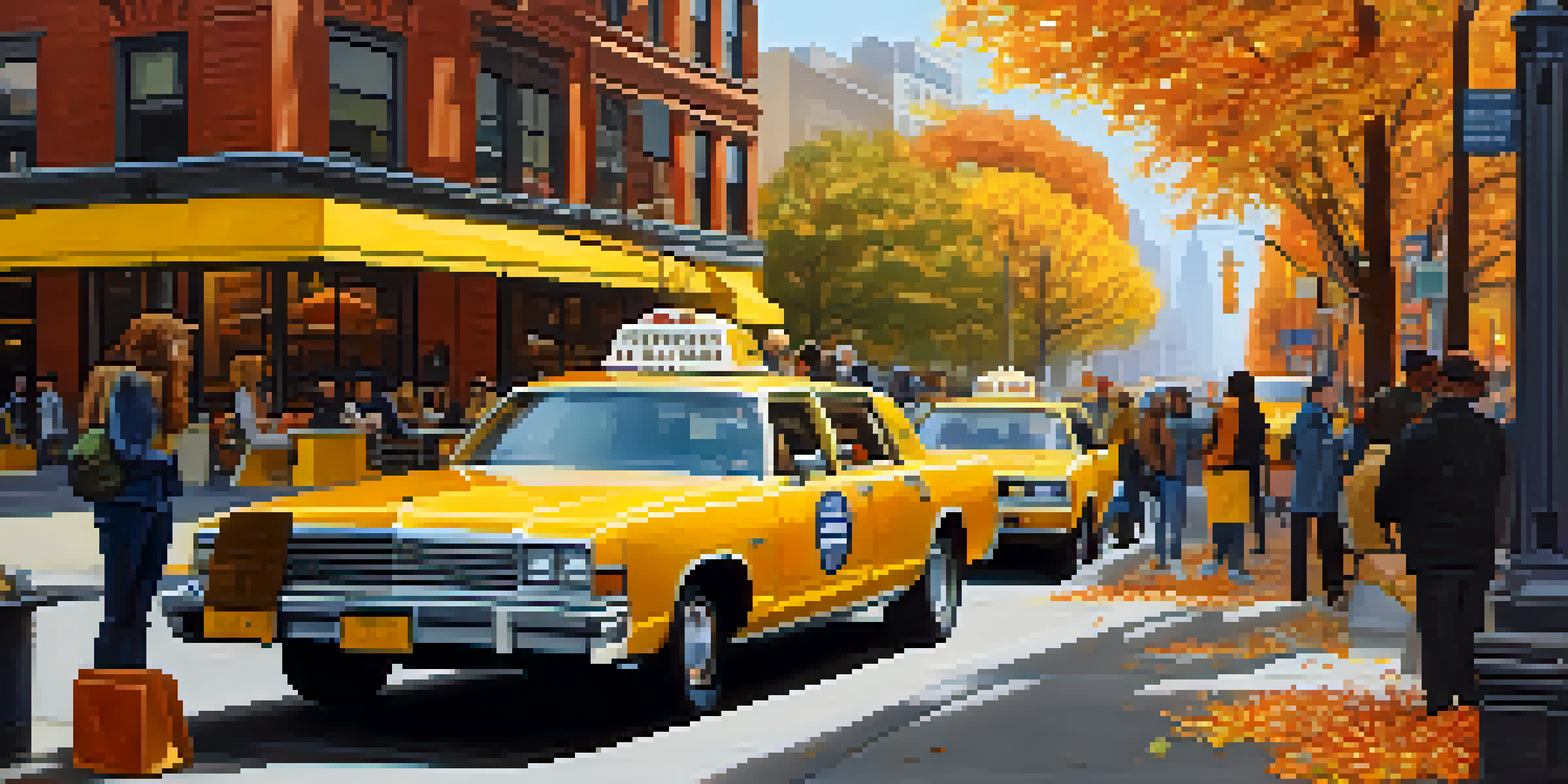 A busy New York City street with a rideshare driver, a graphic designer at a café, and urban architecture in the background.