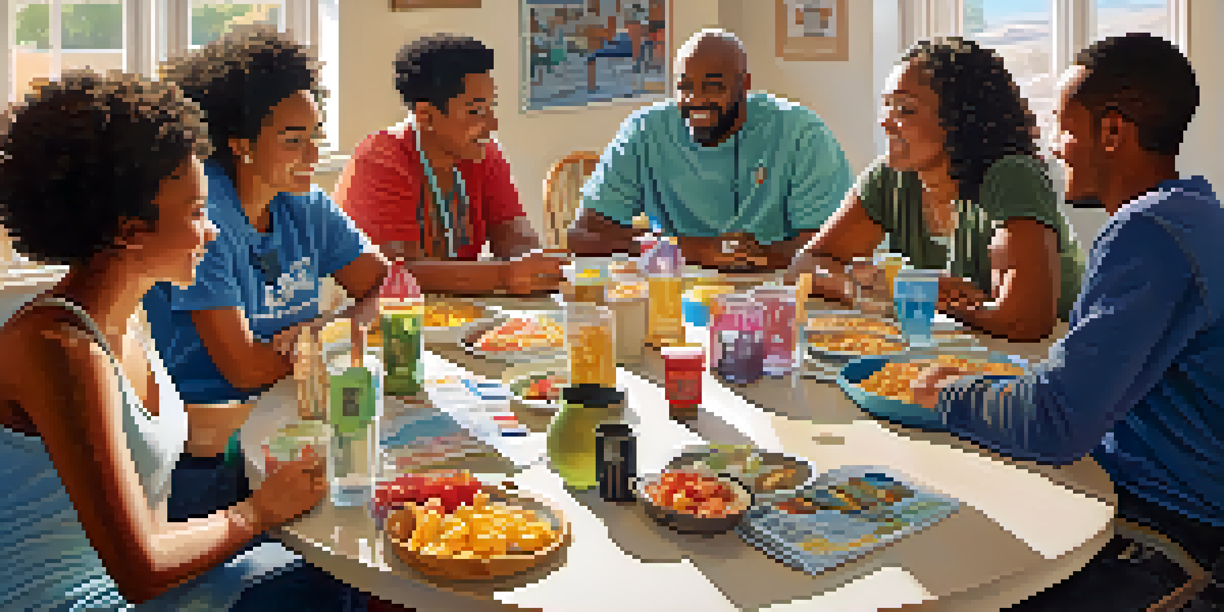 A diverse gathering of community members engaged in discussion around a table in a sunlit room, with colorful posters in the background.
