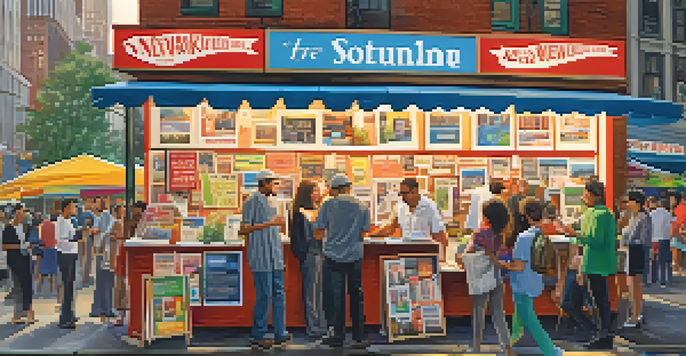 A busy New York City street with a local journalism booth where journalists engage with residents and capture stories, surrounded by food stalls and art displays in warm evening light.