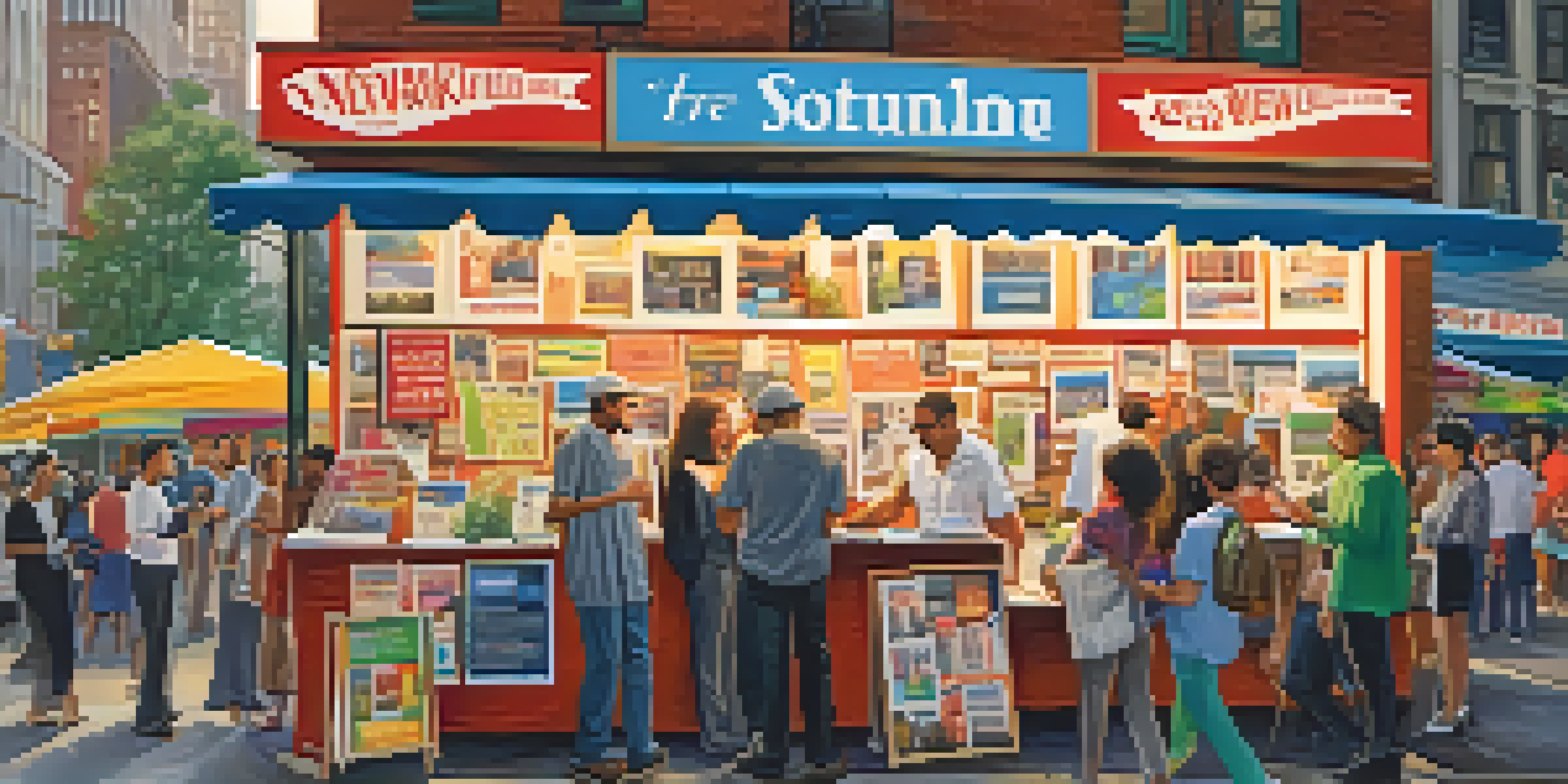 A busy New York City street with a local journalism booth where journalists engage with residents and capture stories, surrounded by food stalls and art displays in warm evening light.