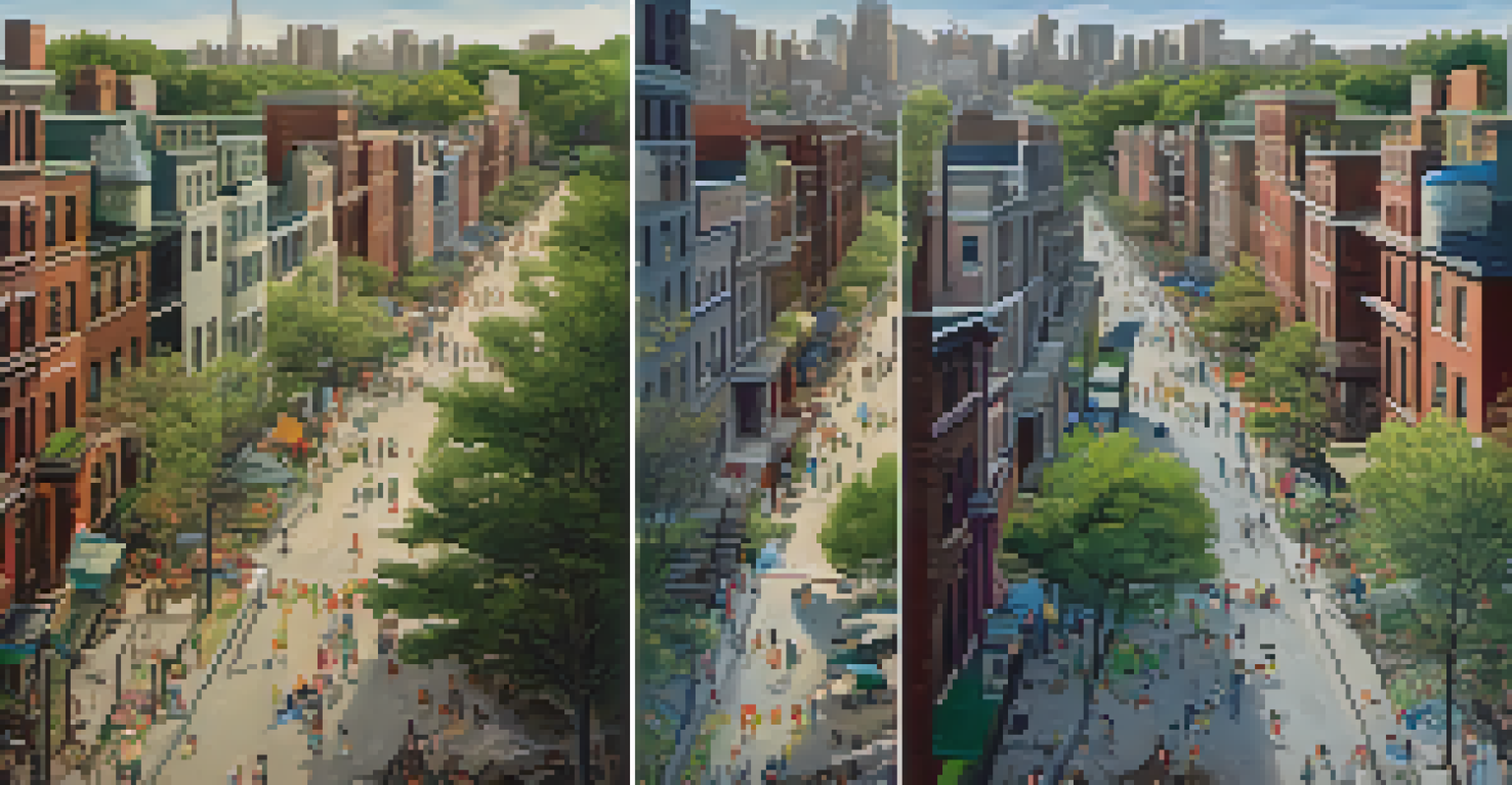 Aerial view comparing a littered neighborhood to a clean and vibrant community space after a clean-up event.