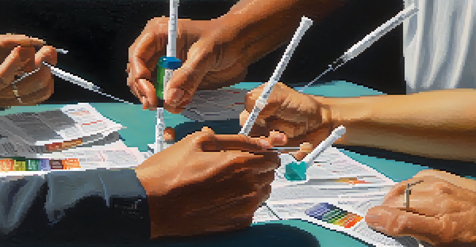 Close-up of hands exchanging clean syringes at a harm reduction program, with pamphlets about substance abuse support in the background.