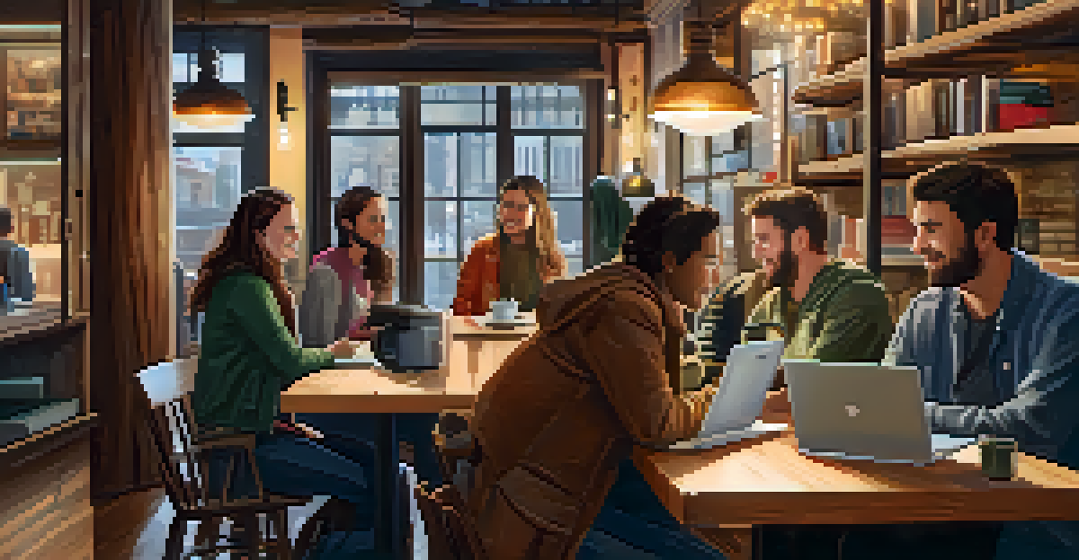 A cozy coffee shop in NYC with a group of digital nomads discussing and working on laptops, surrounded by warm lighting and bookshelves.