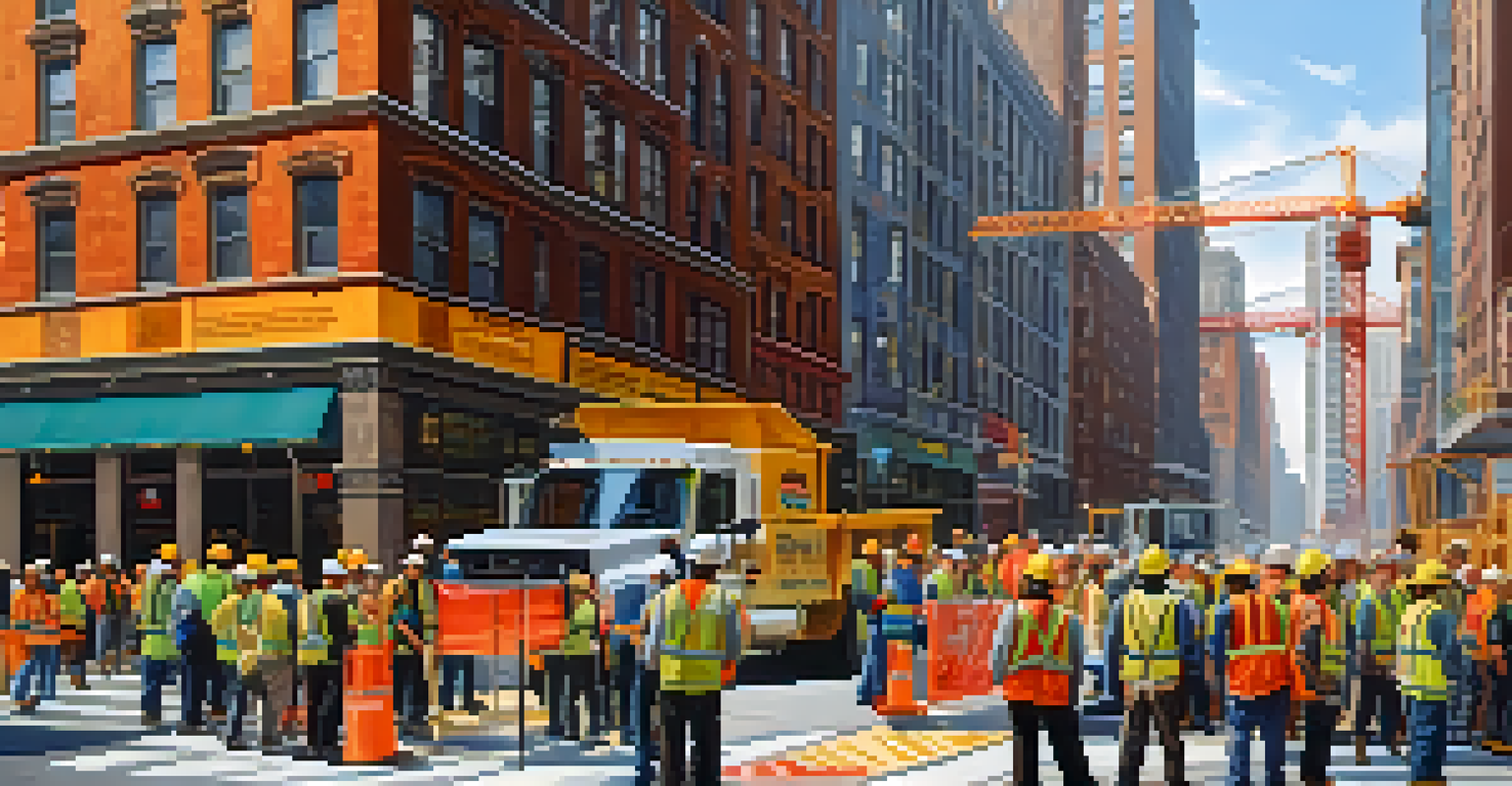 Construction workers discussing building codes on a busy NYC street with a building under construction.