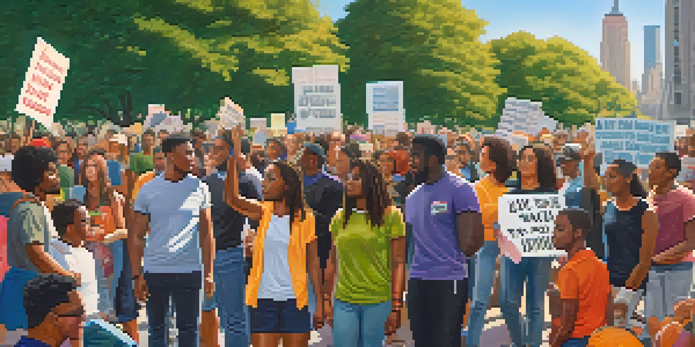 A diverse group of young activists in a park in New York City, holding colorful signs for social justice, with the Manhattan skyline in the background.