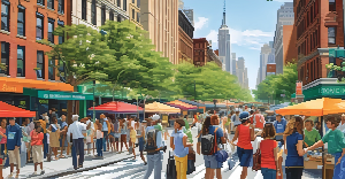 A vibrant community workshop in New York City focused on flood preparedness, with diverse residents interacting under sunny skies.