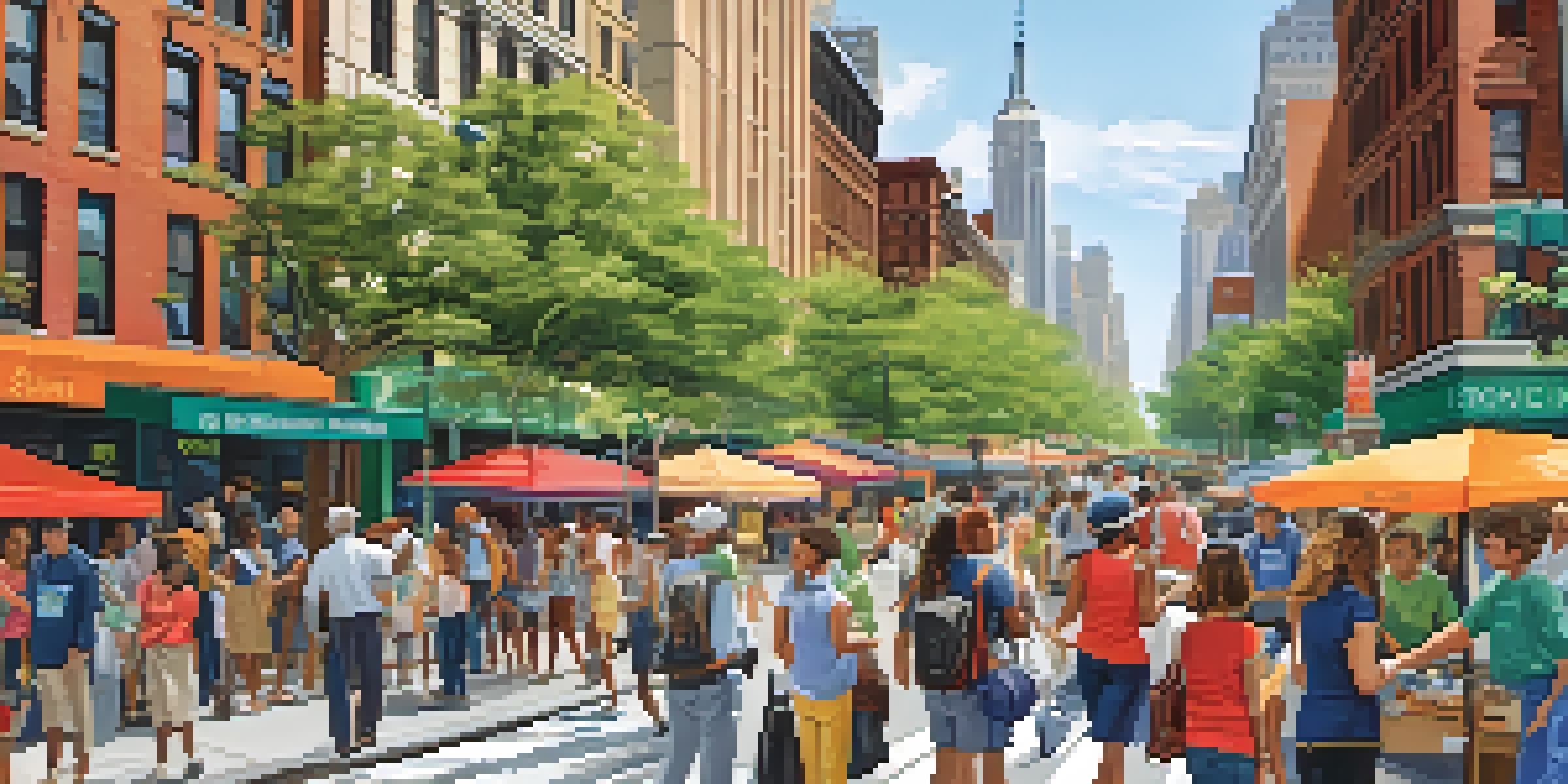 A vibrant community workshop in New York City focused on flood preparedness, with diverse residents interacting under sunny skies.