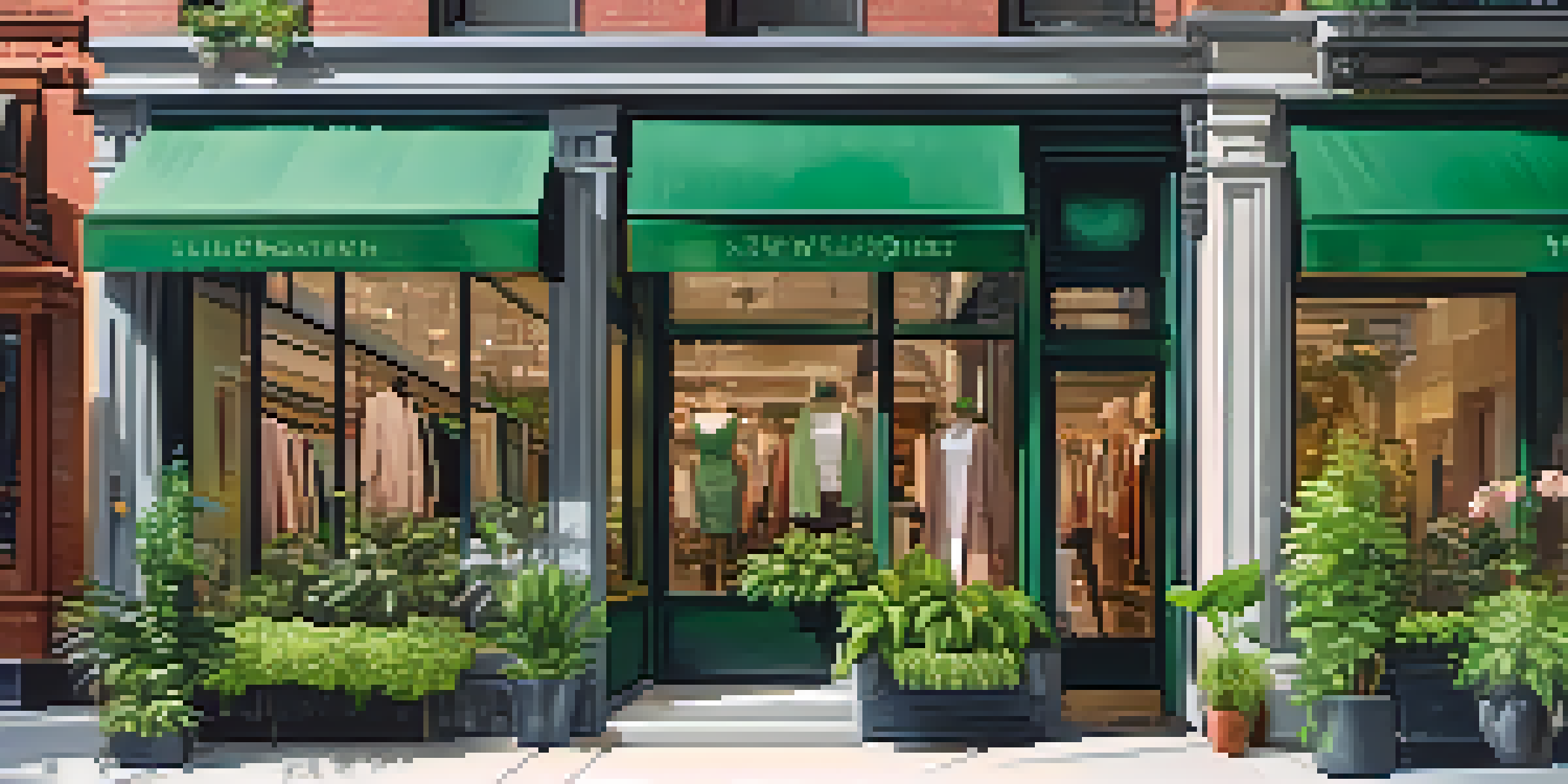 A bustling New York City street with a sustainable fashion boutique displaying eco-friendly clothing and potted plants outside, illuminated by warm sunlight.