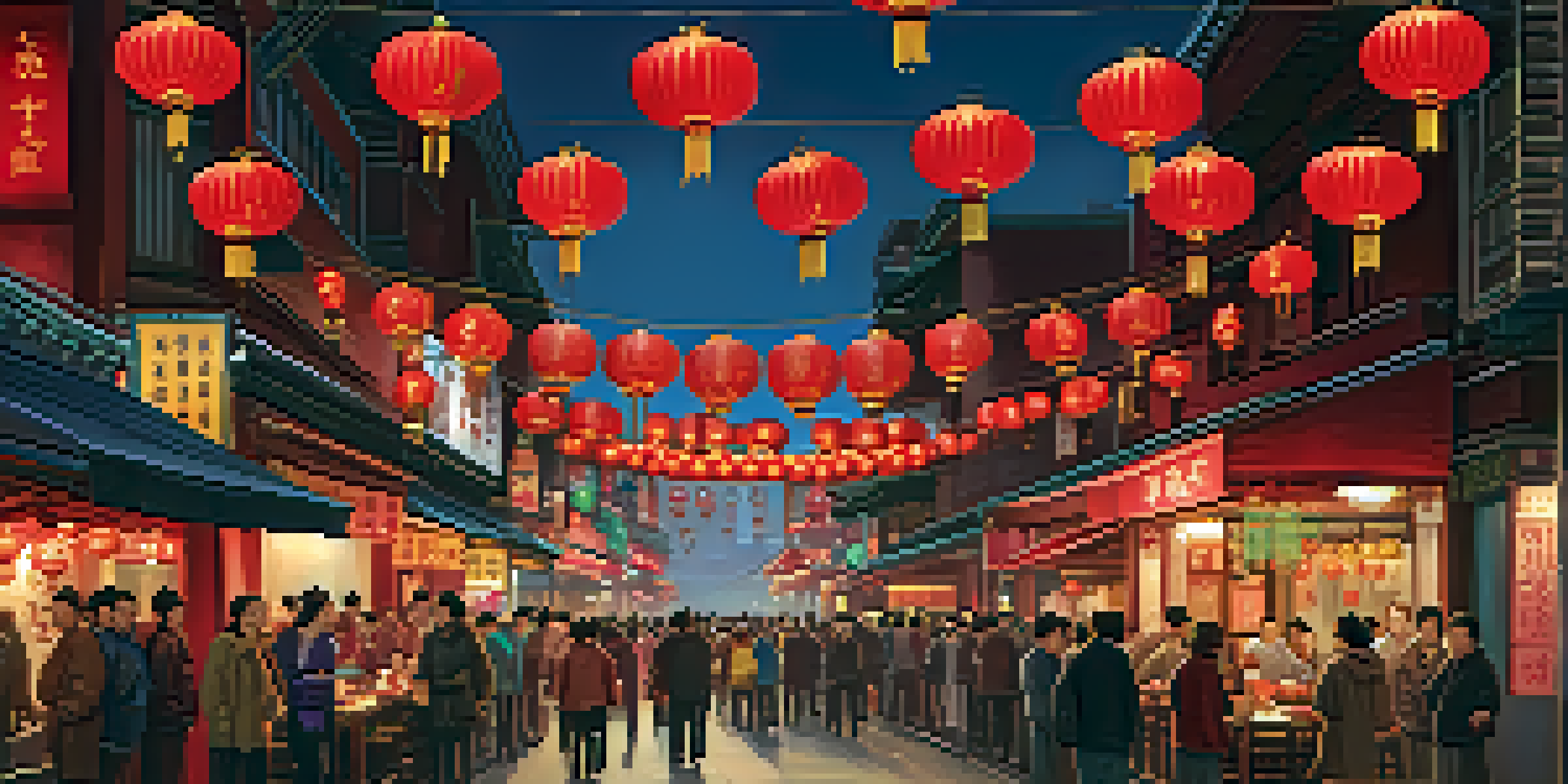 A lively Chinatown street in New York City, filled with people and illuminated by red lanterns and warm lights.