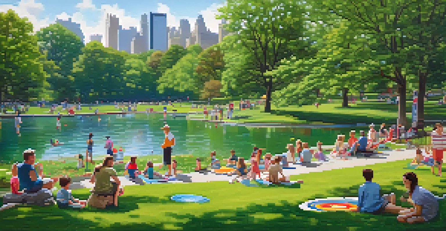 A vibrant summer day in Central Park with people enjoying activities on the lawn and rowboats on the pond.