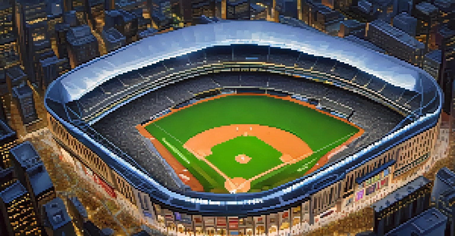 An aerial view of Yankee Stadium at night, filled with cheering fans and illuminated field, with the NYC skyline in the background.