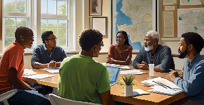 A diverse group of community board members in a conference room having a discussion, surrounded by community maps and posters.