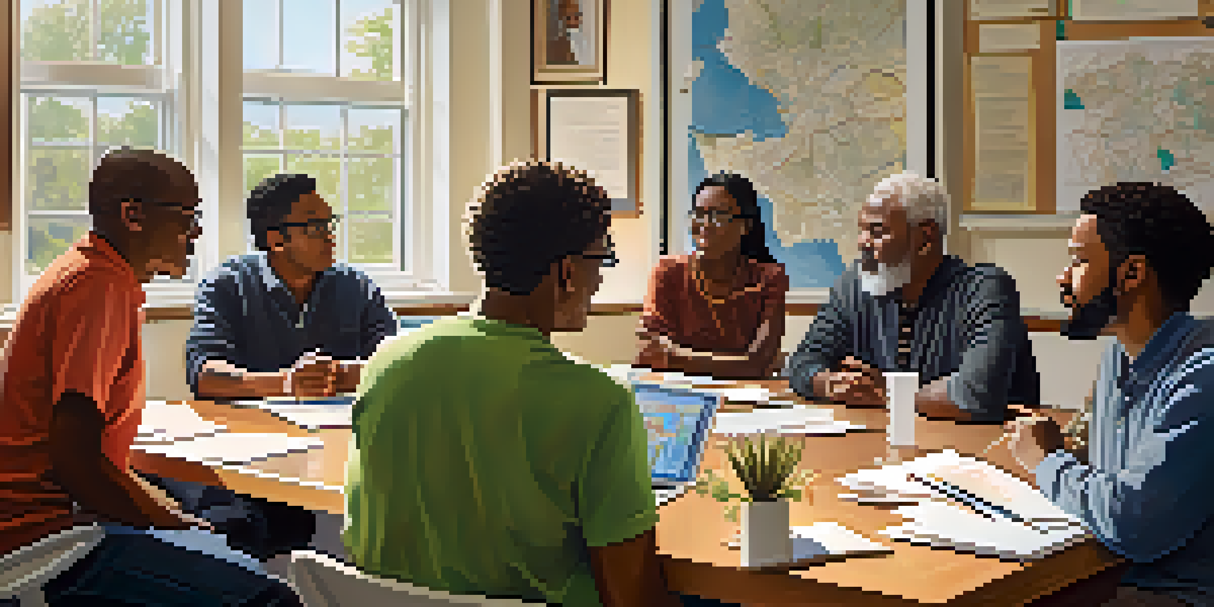 A diverse group of community board members in a conference room having a discussion, surrounded by community maps and posters.