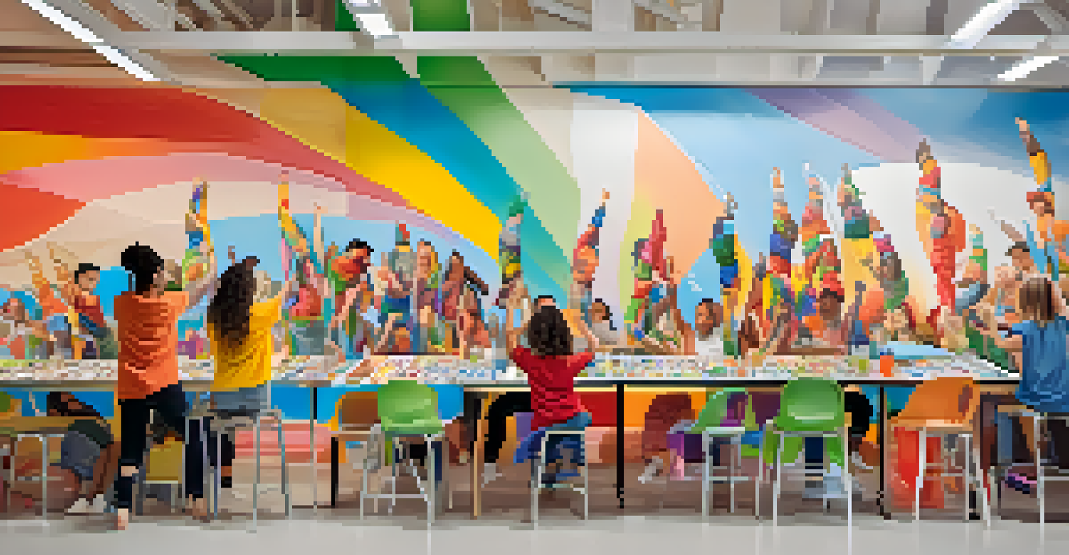 A bright artist's workspace where young creatives collaboratively paint a mural symbolizing unity and diversity.