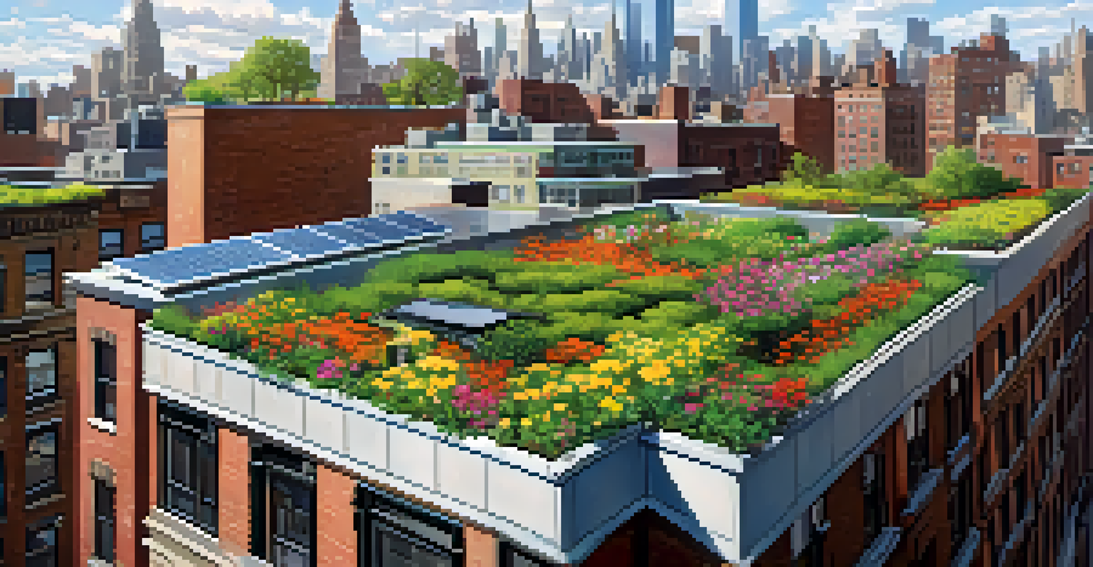 Aerial view of a green rooftop garden in New York City, highlighting sustainable practices amidst urban buildings.