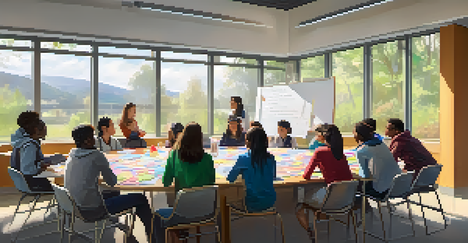 A diverse group of students engaged in a council meeting, discussing ideas with a whiteboard of notes in a bright classroom.