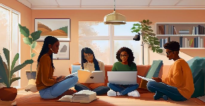 A group of diverse college students participating in an online learning session in a cozy living room.