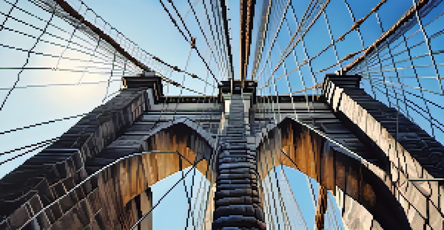 Close-up of the steel cables of the Brooklyn Bridge with its towers in the background under a blue sky.