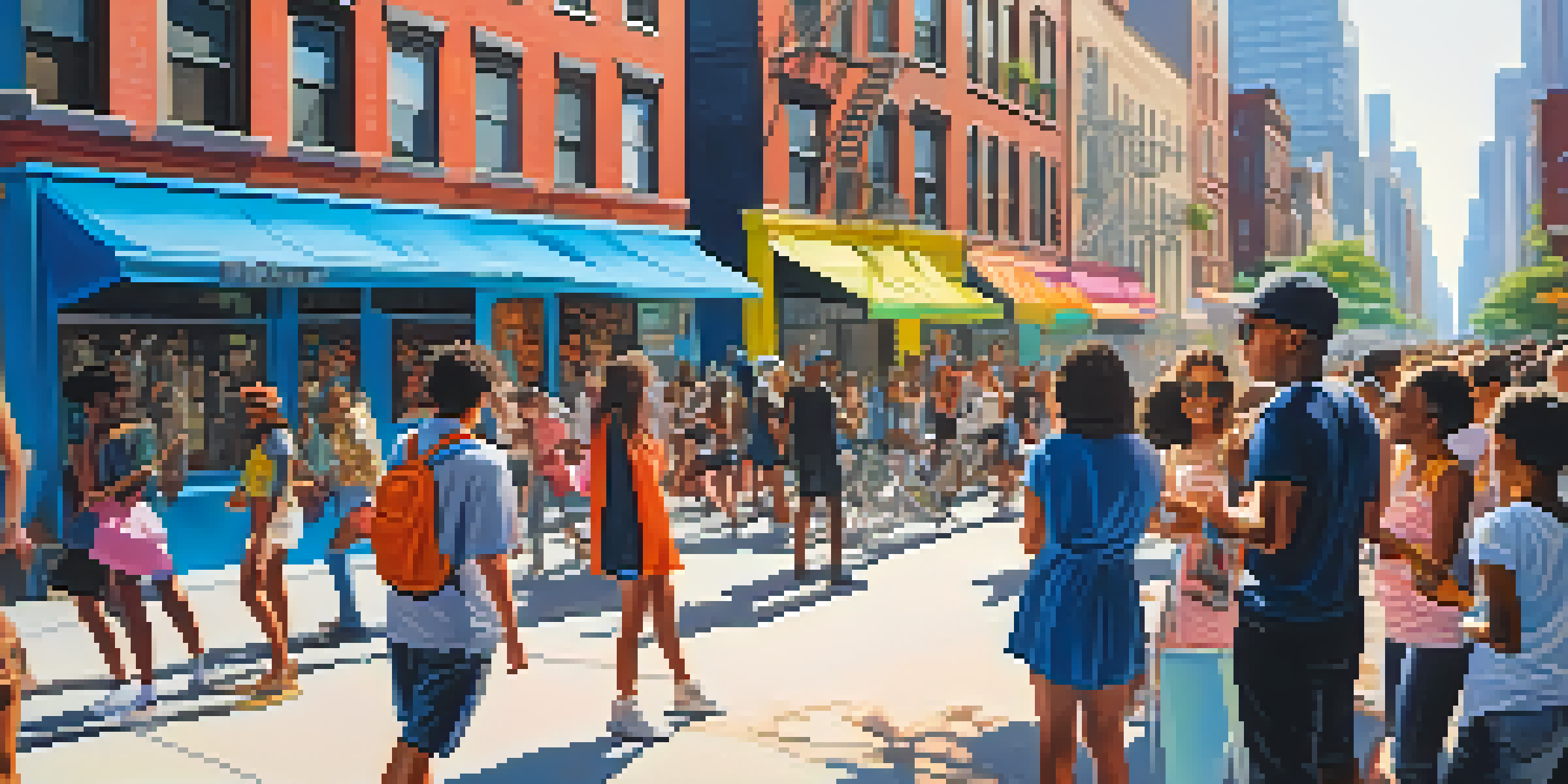 A busy New York City street with diverse young people using smartphones amidst colorful street art and various fashion styles.