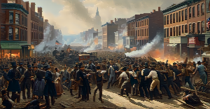 A historical scene depicting a crowded New York City street during the Draft Riots of 1863, showing angry citizens and unrest.