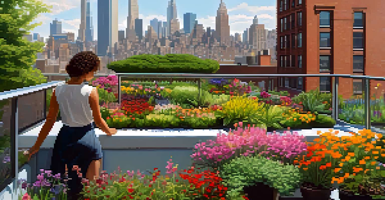 A rooftop garden in NYC with diverse plants and flowers, featuring a person gardening against the backdrop of the city skyline.