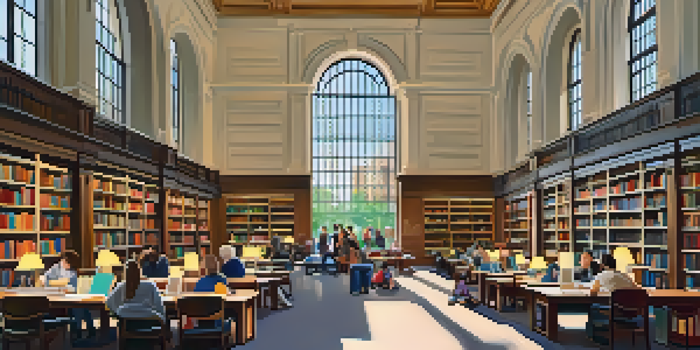 A lively interior of a New York City public library with people of various ages reading and studying in well-lit spaces surrounded by books.