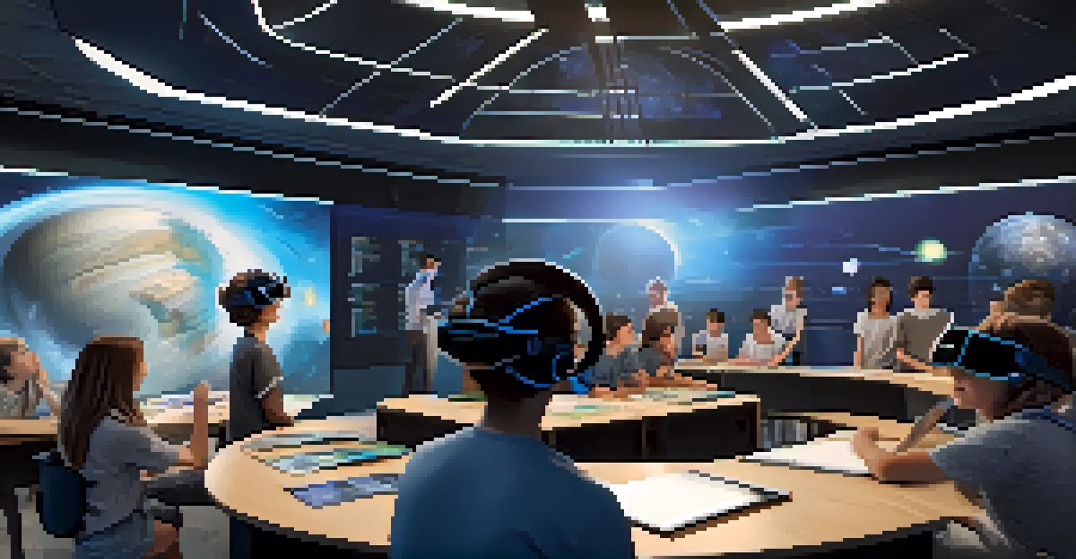 A group of students collaborating in a virtual reality setting to explore the solar system, highlighting teamwork and engagement.