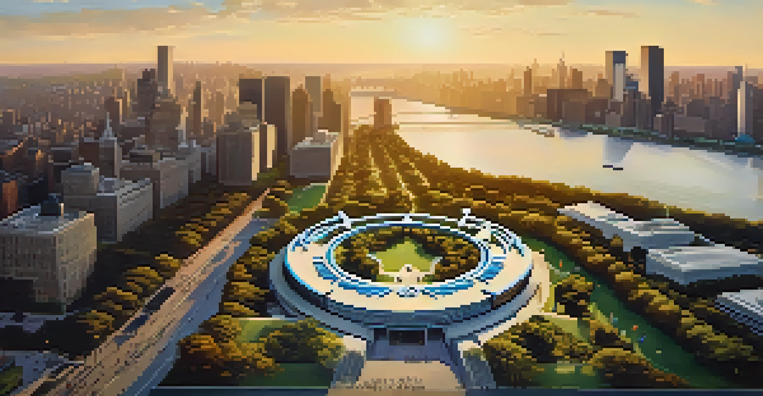 An aerial view of the United Nations Headquarters in New York City with diplomats gathered outside during sunset.