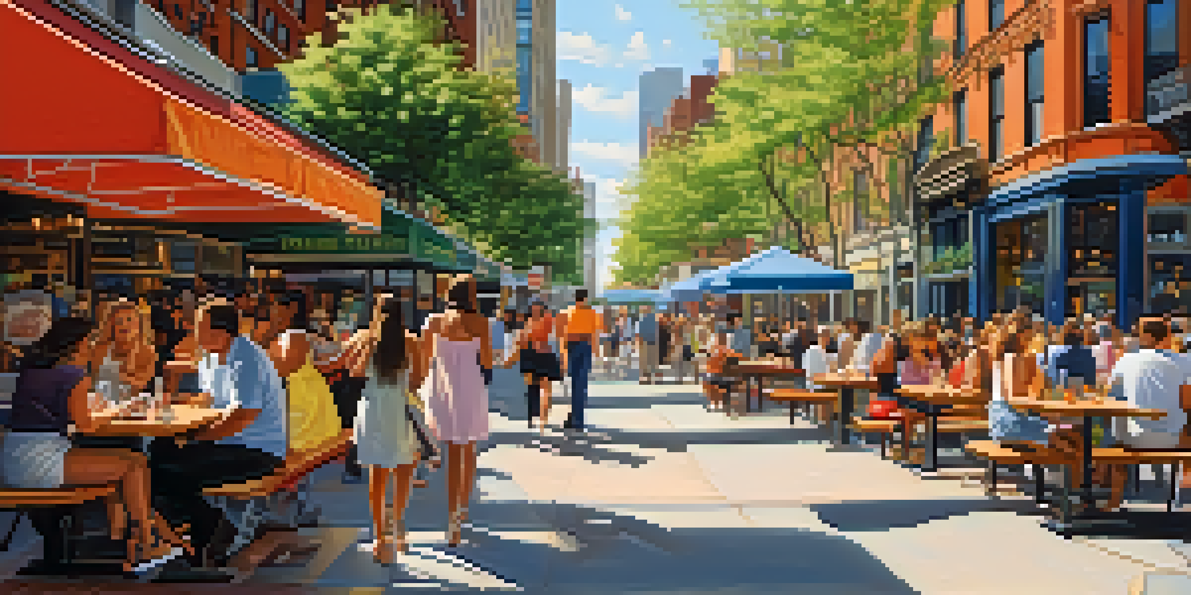 A lively New York City street with pedestrians walking on wide sidewalks, featuring outdoor dining areas and greenery, under bright sunlight.