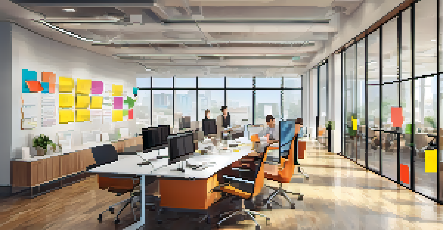 A diverse group of employees in a modern office collaborating on social responsibility projects, surrounded by colorful notes and charts.