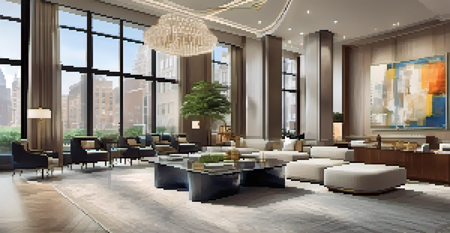 A luxurious rental building lobby with modern art and elegant furnishings, filled with natural light and a concierge desk.