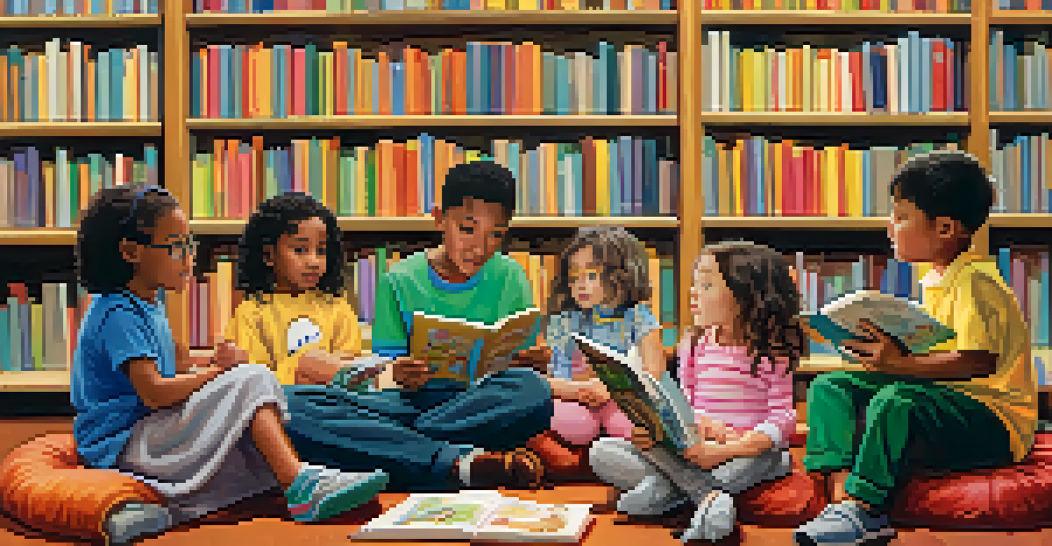 A close-up of children engaged in storytime at a library, with a librarian reading a colorful picture book in a cozy setting.