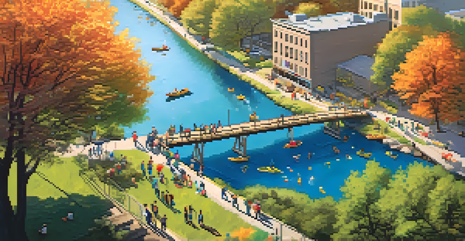 A community clean-up event along the Bronx River with volunteers collecting litter, surrounded by trees and wildflowers, with a cityscape in the background.