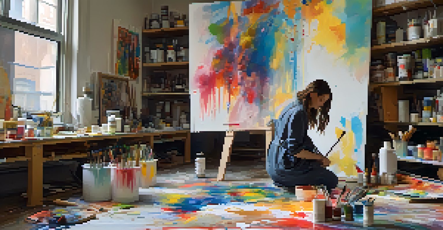 An artist in her studio working on an installation piece, surrounded by colorful materials and art supplies.