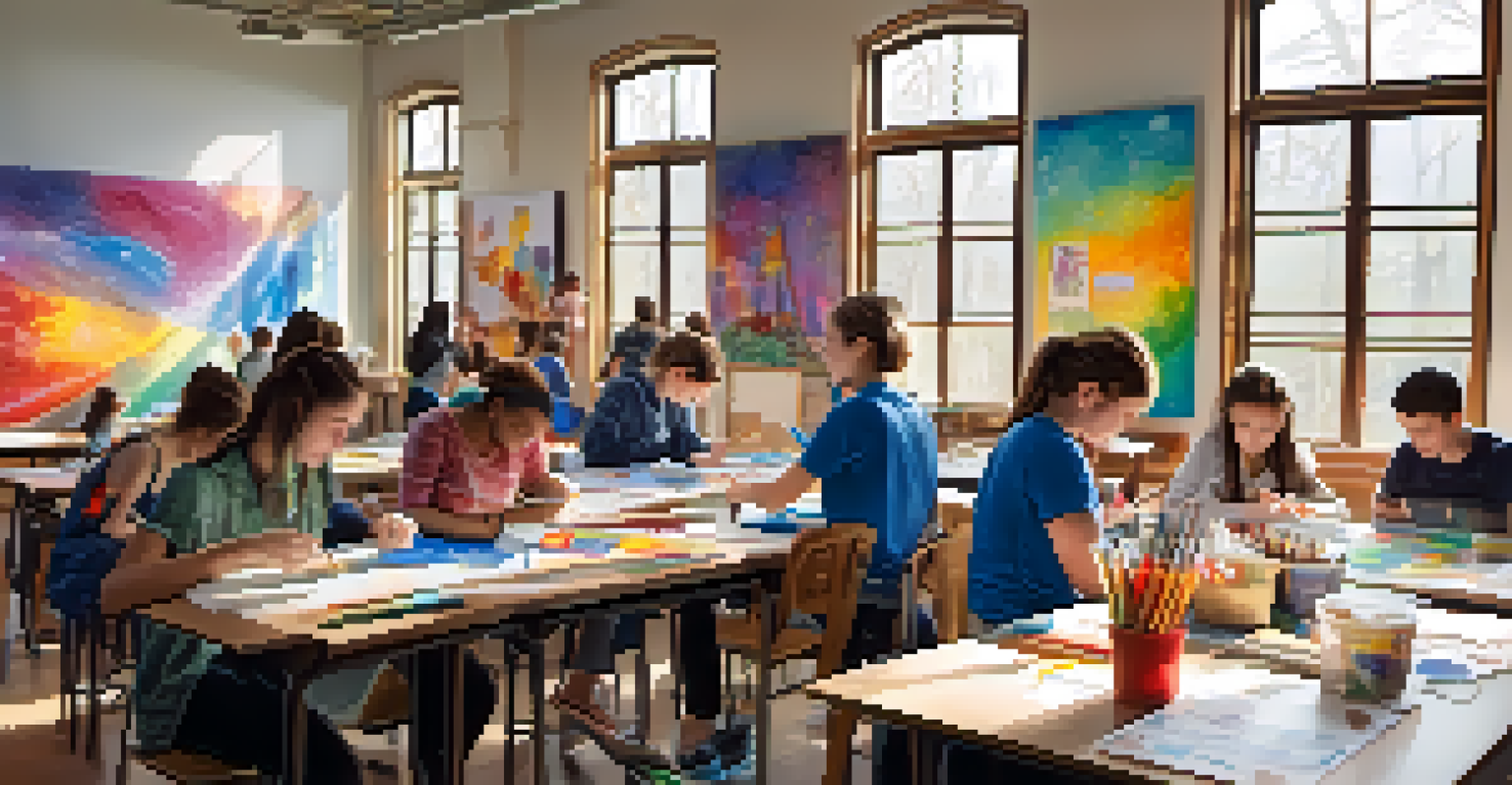 A classroom with students participating in an arts education workshop, surrounded by art supplies and sketches.