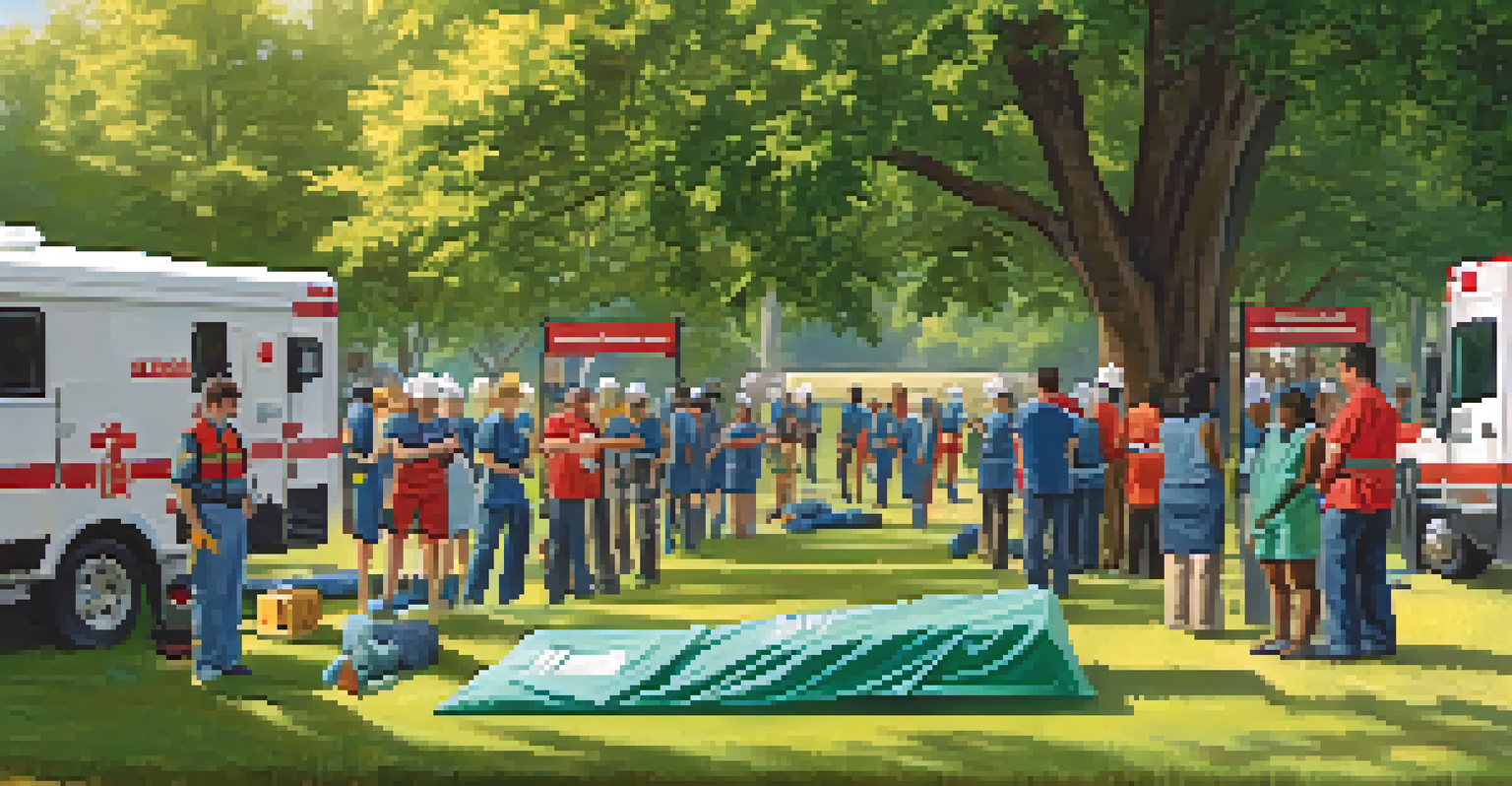 Volunteers practicing first aid on dummies in a park during a community emergency response training session.