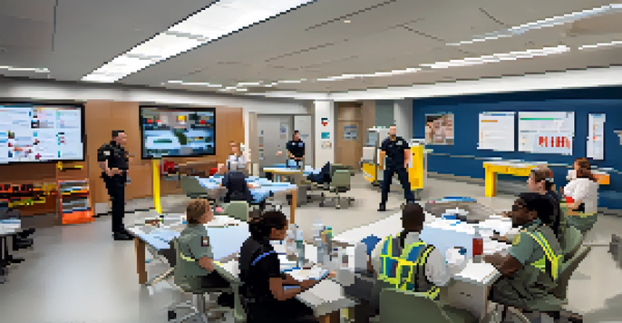 A diverse group of first responders engaged in a training simulation, discussing strategies in a modern training facility filled with medical equipment.