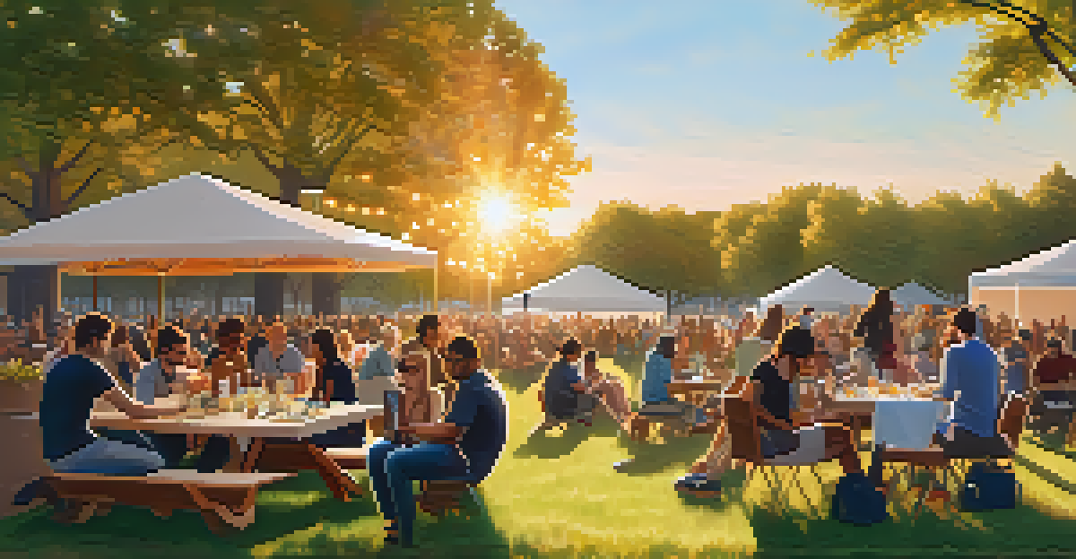 A networking event in a park with digital nomads mingling, laptops open, and food trucks nearby during sunset.