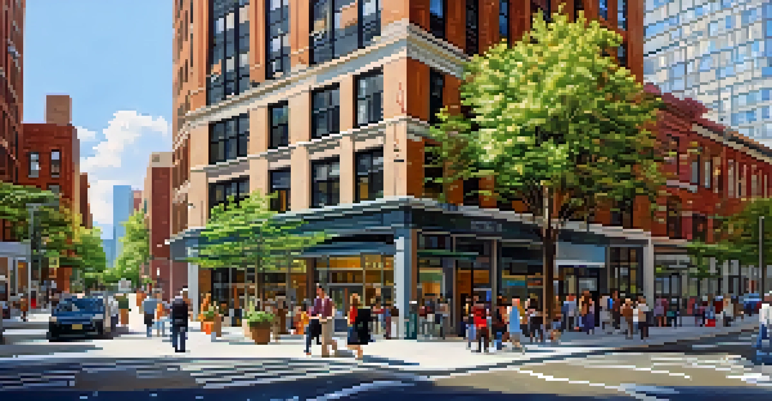 A busy street in NYC featuring a LEED-certified building with greenery and people walking by.