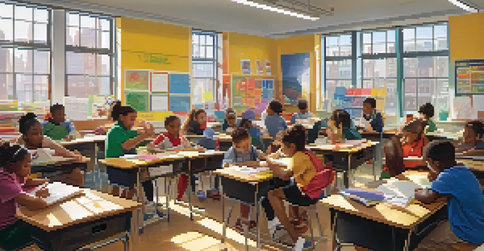 A bright and lively classroom filled with diverse students working together on a project, with colorful educational materials and sunlight coming through the windows.