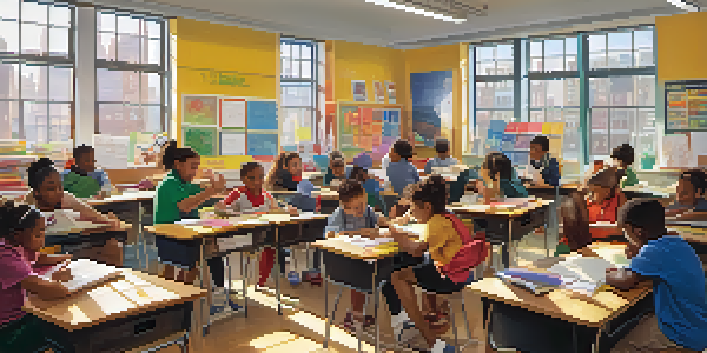 A bright and lively classroom filled with diverse students working together on a project, with colorful educational materials and sunlight coming through the windows.